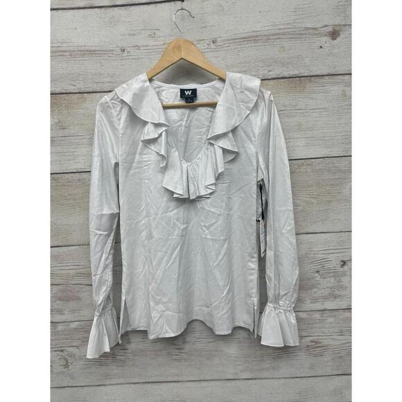W by‎ Worth Subtle metallic white Luster V Neck ruffle blouse shirt Size 6 NWTT - Picture 1 of 14